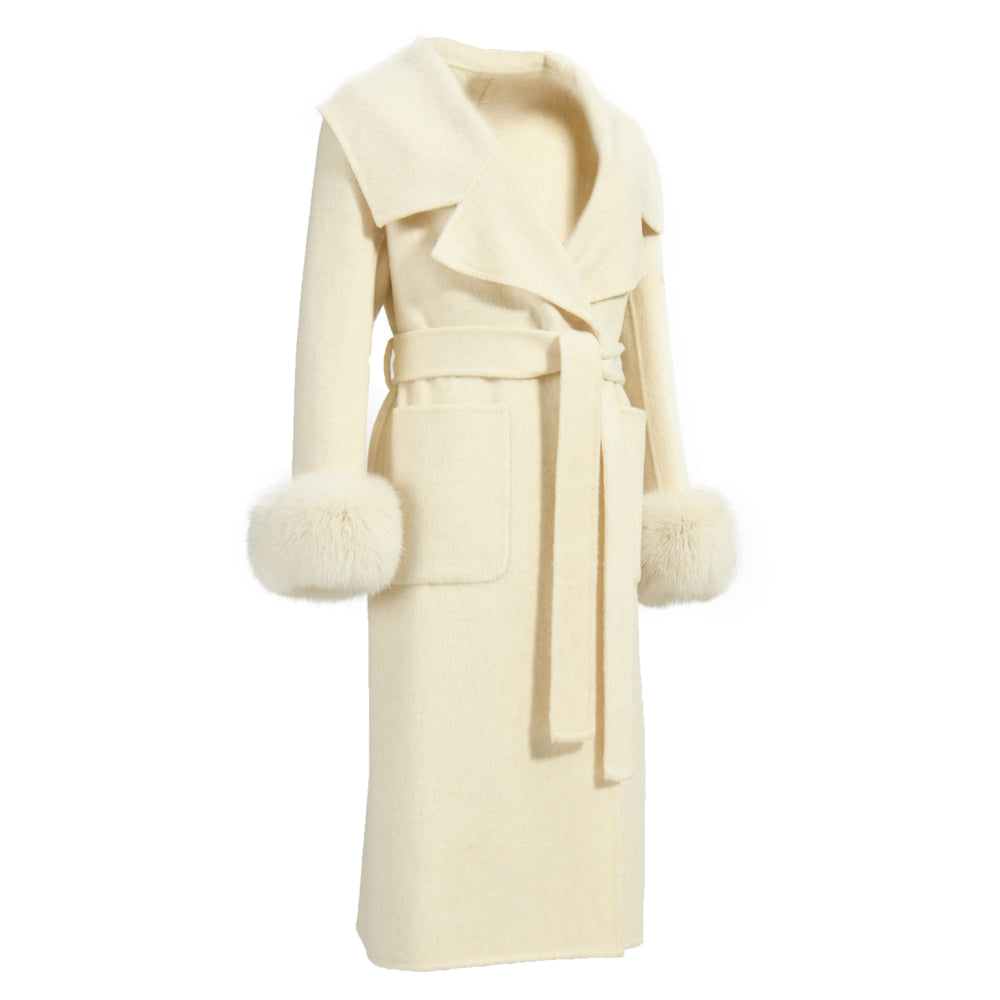 New Style Double-sided Cashmere Coat With Removable Fur Cuffs Custom Fashion Women Long Wool Cashmere Coat