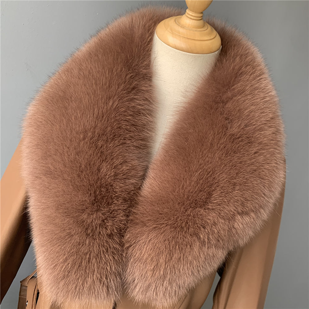 Jaxmonoy Leather Jacket Long Style Trench With Fox Fur Collar