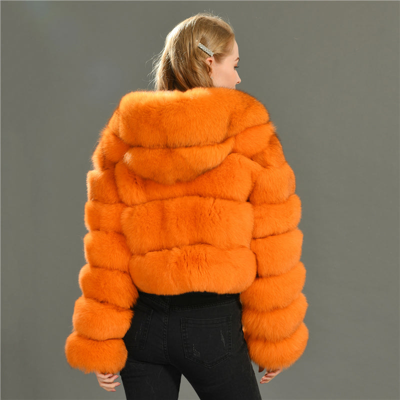 Jaxmonoy Fashionable Luxurious Real Fox Fur Coat With Big Thick Hood