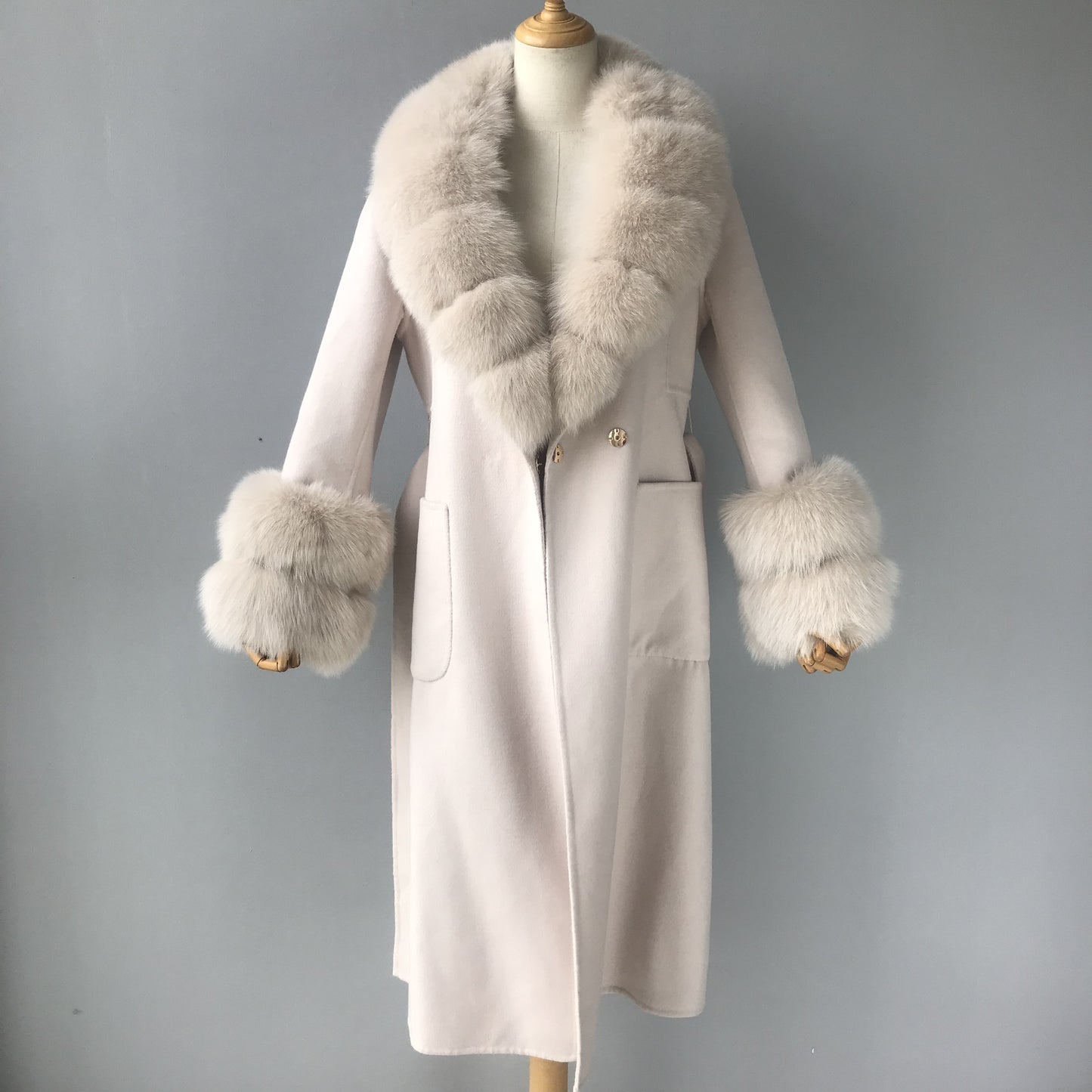Jaxmonoy Long Cashmere Coat Big Size Real Fur Collar And Cuffs With Big Skirt