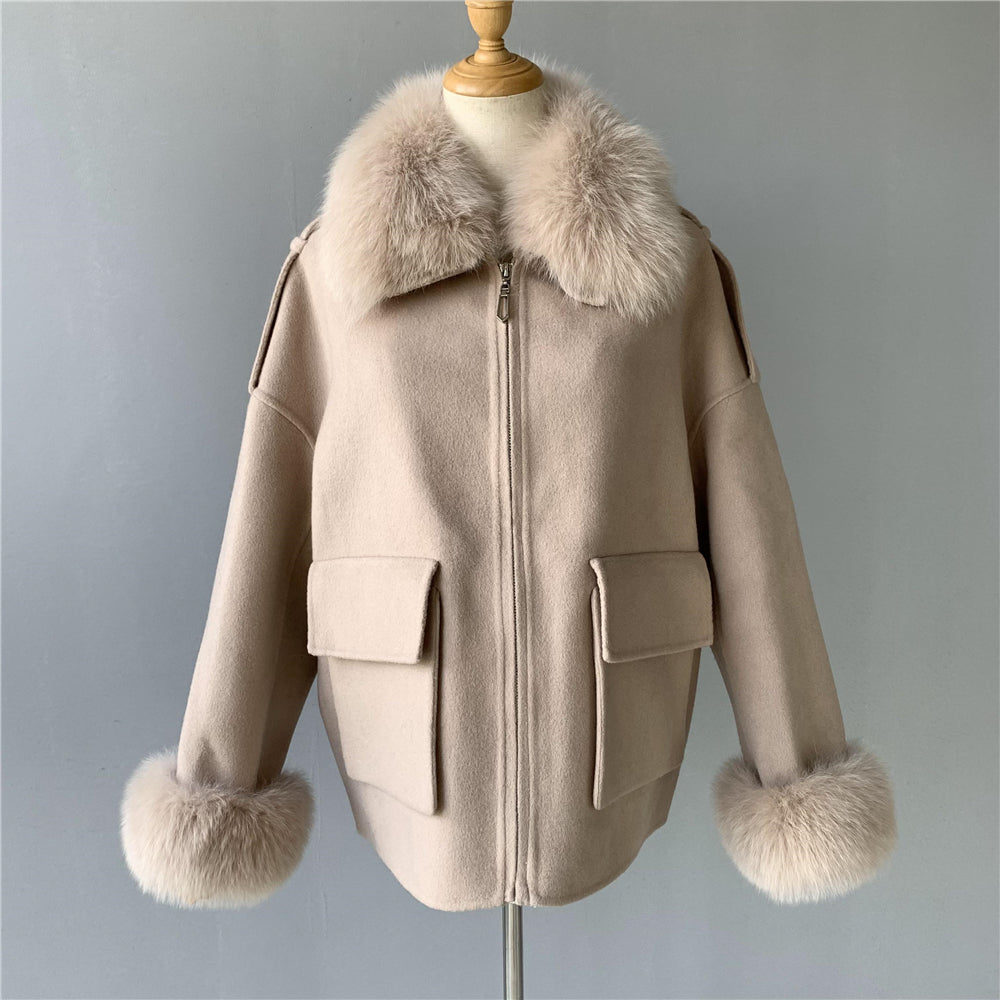 Jaxmonoy Women Cashmere Coat With Real Fur Collar And Cuffs