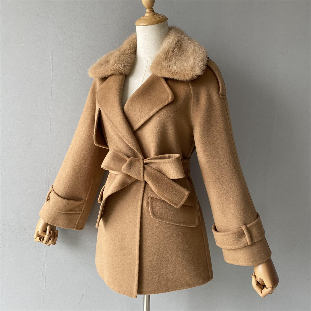 Wholesale Ladies Regular Length Cashmere Coat With Real Fox Fur Collar Custom Women Double-sided Wool Cashmere Coat
