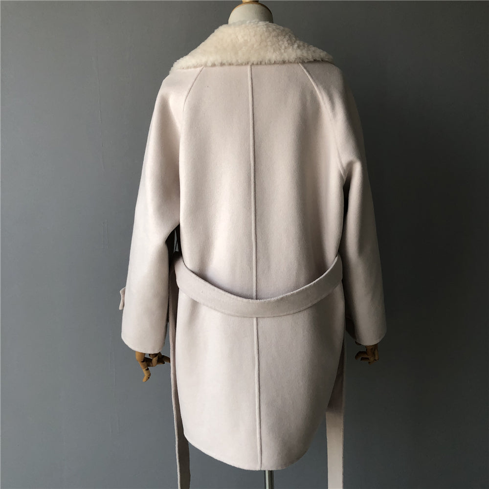Jaxmonoy Fashion Office Ladies Mid-length Style Cashmere Coat With Sheep Fleece