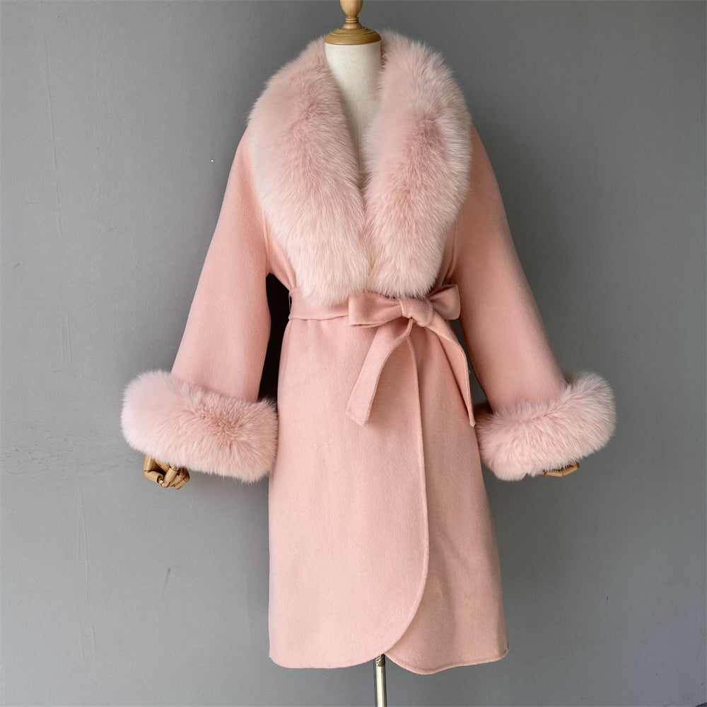 Jaxmonoy Fashionable Women Cashmere Coat With Big Real Fur Collar And Cuffs