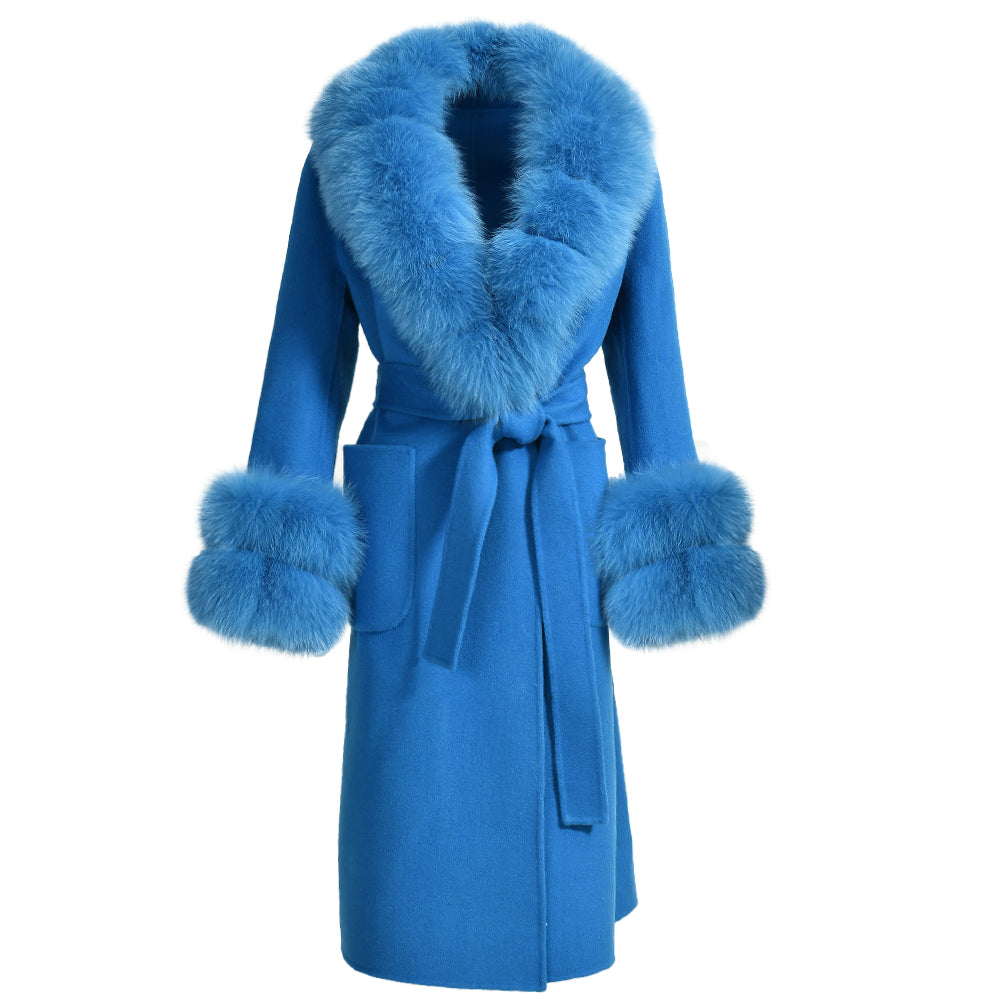 Jaxmonoy Slim Cashmere Coat Long Style Overcoat With Big Real Fur Collar And Double Cuffs