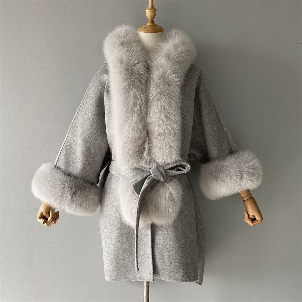 Wholesale Winter Double-sided Hooded Cashmere Coat With Real Fox Fur Collar And Belt Design Fashion Women Real Fox Fur Coat Wool