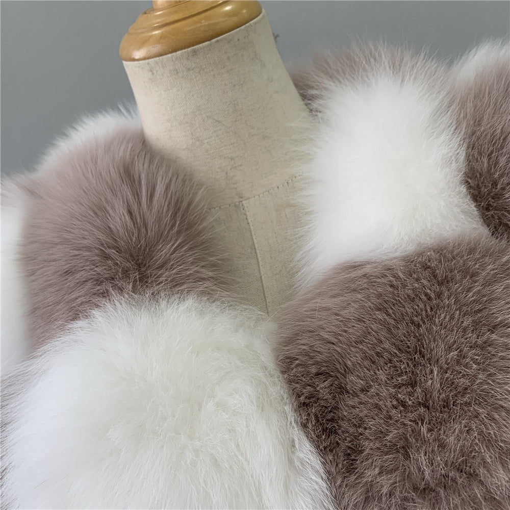 Jaxmonoy Two-color Stitching Classic Style Fashion Warm Winter Real Fox Fur Coat