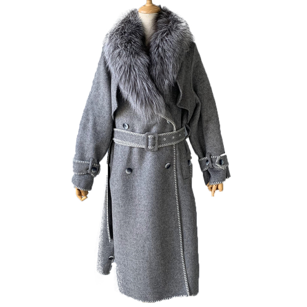 Jaxmonoy Fashionable Women Cashmere Coat With Big Real Fox Fur Collar