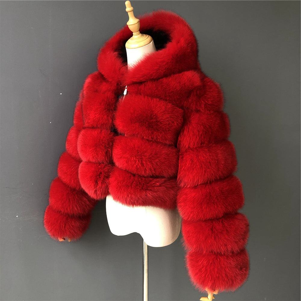 Jaxmonoy Fashionable Luxurious Real Fox Fur Coat With Big Thick Hood