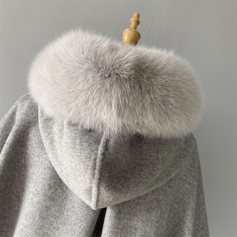 Wholesale Winter Double-sided Hooded Cashmere Coat With Real Fox Fur Collar And Belt Design Fashion Women Real Fox Fur Coat Wool