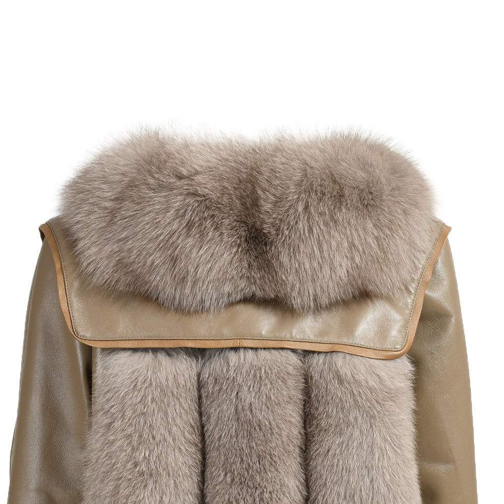 Genuine Leather Jacket With Real Fox Fur V-neck Collar Spring