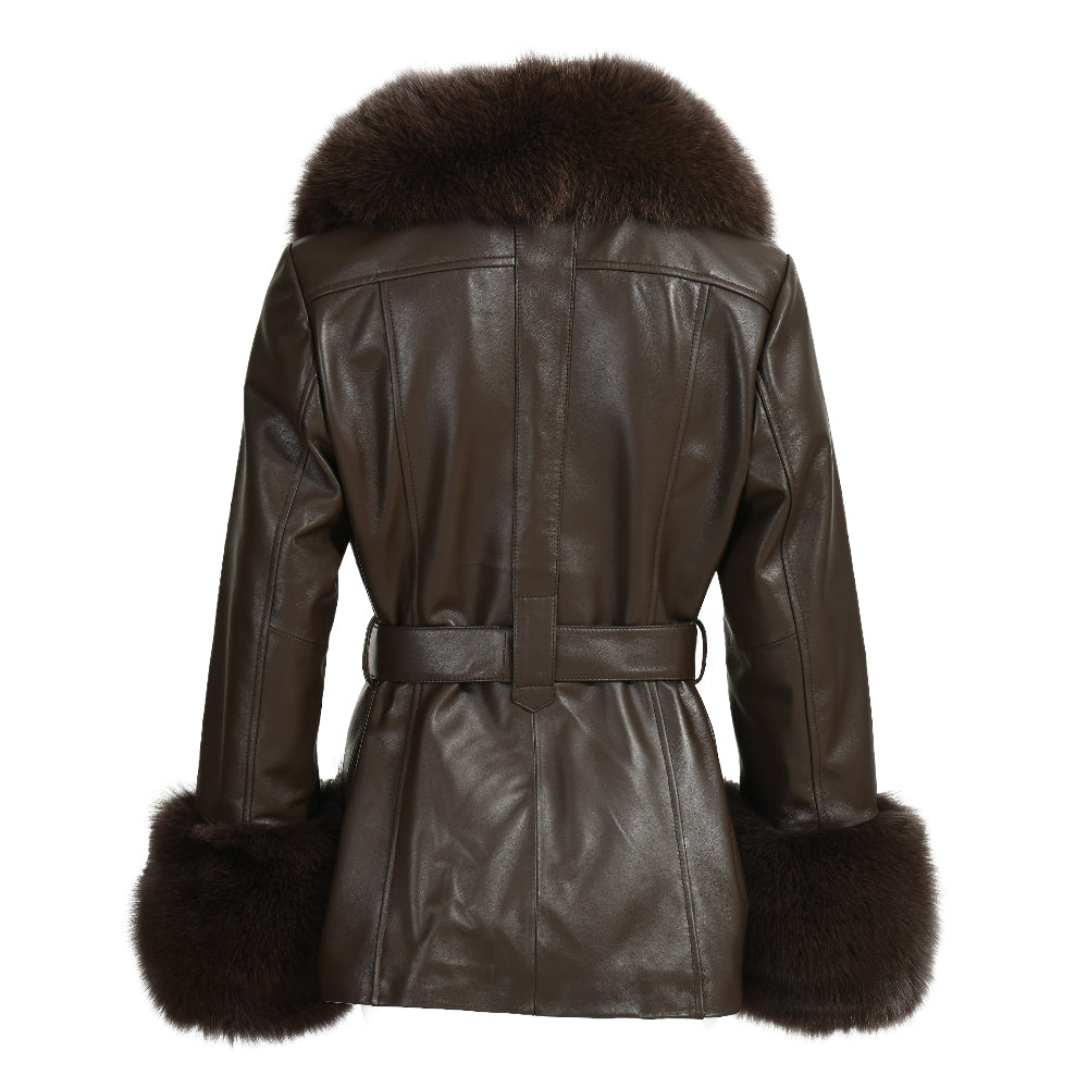 Regular Length Genuine Sheepskin Leather Coat With Real Fox Fur Collar And Cuffs Winter Women Leather Jacket Genuine