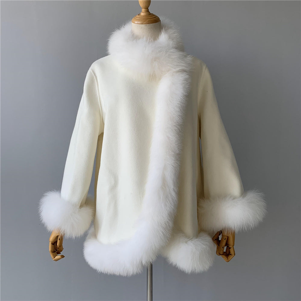 Jaxmonoy Elegant Women Cashmere Coat With Real Fur Collar Luxury Cloak