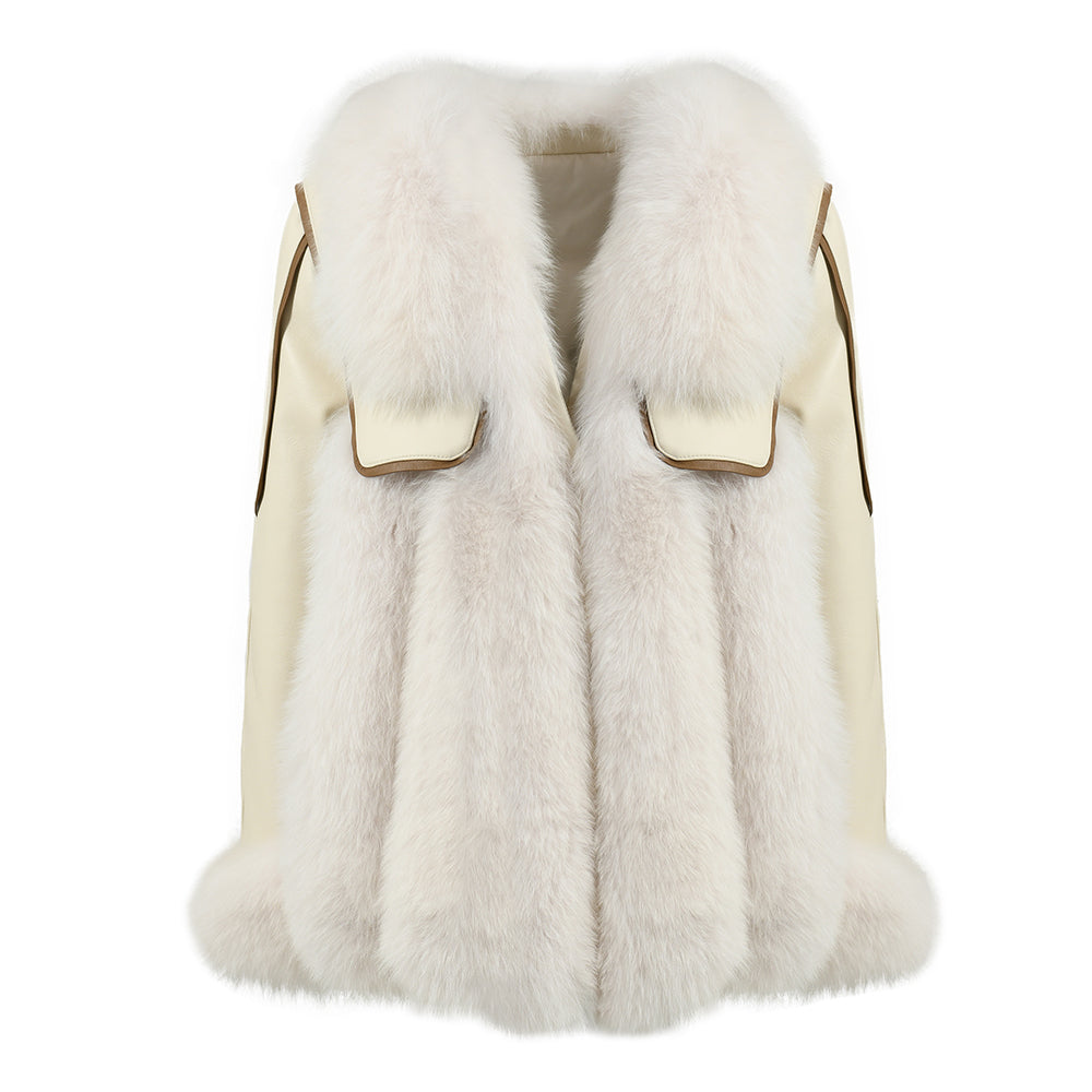 Genuine Leather Jacket With Real Fox Fur V-neck Collar Spring