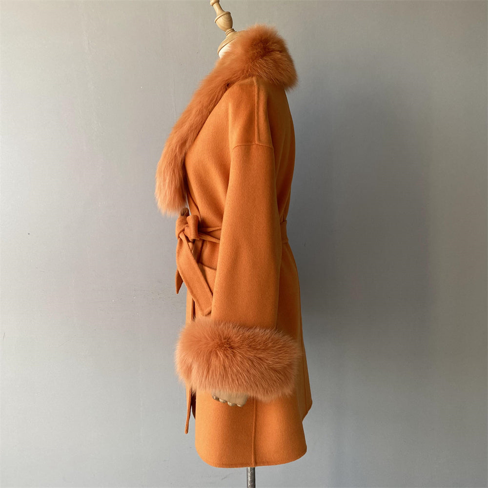 Wholesale Cashmere Coat With Real Detachable Fox Fur Scarf And Cuffs Winter High Quality Wool Blend Coats For Women