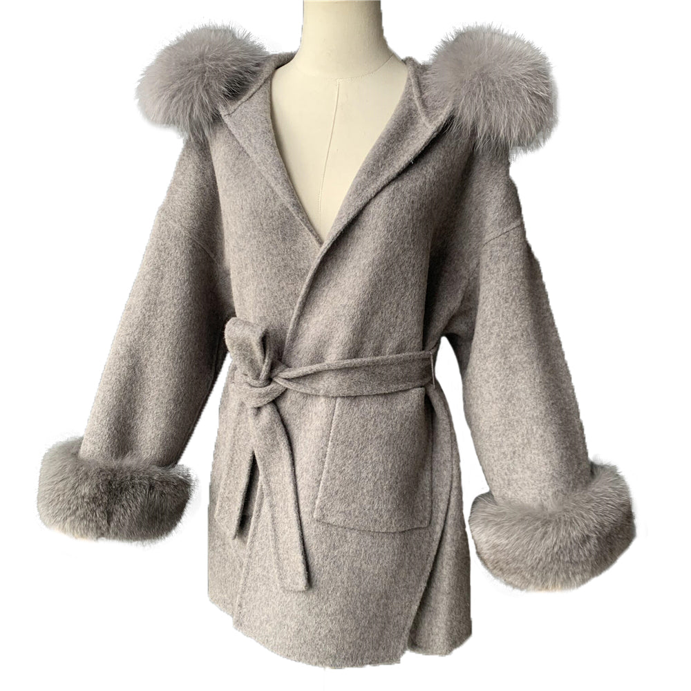 Jaxmonoy Ladies Cashmere Wool Coat Real Fox Fur Collar And Cuffs