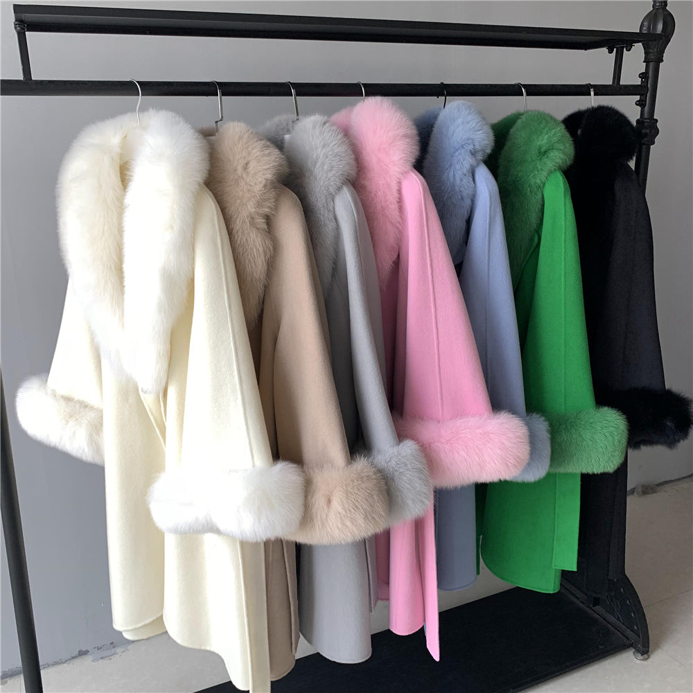 Jaxmonoy Fashionable Women Cashmere Coat With Big Real Fur Collar And Cuffs