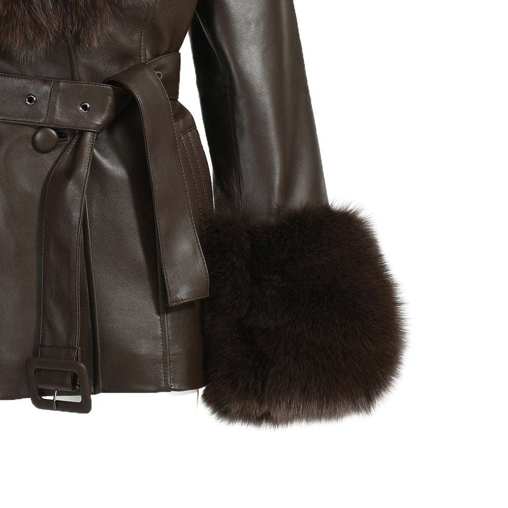 Regular Length Genuine Sheepskin Leather Coat With Real Fox Fur Collar And Cuffs Winter Women Leather Jacket Genuine