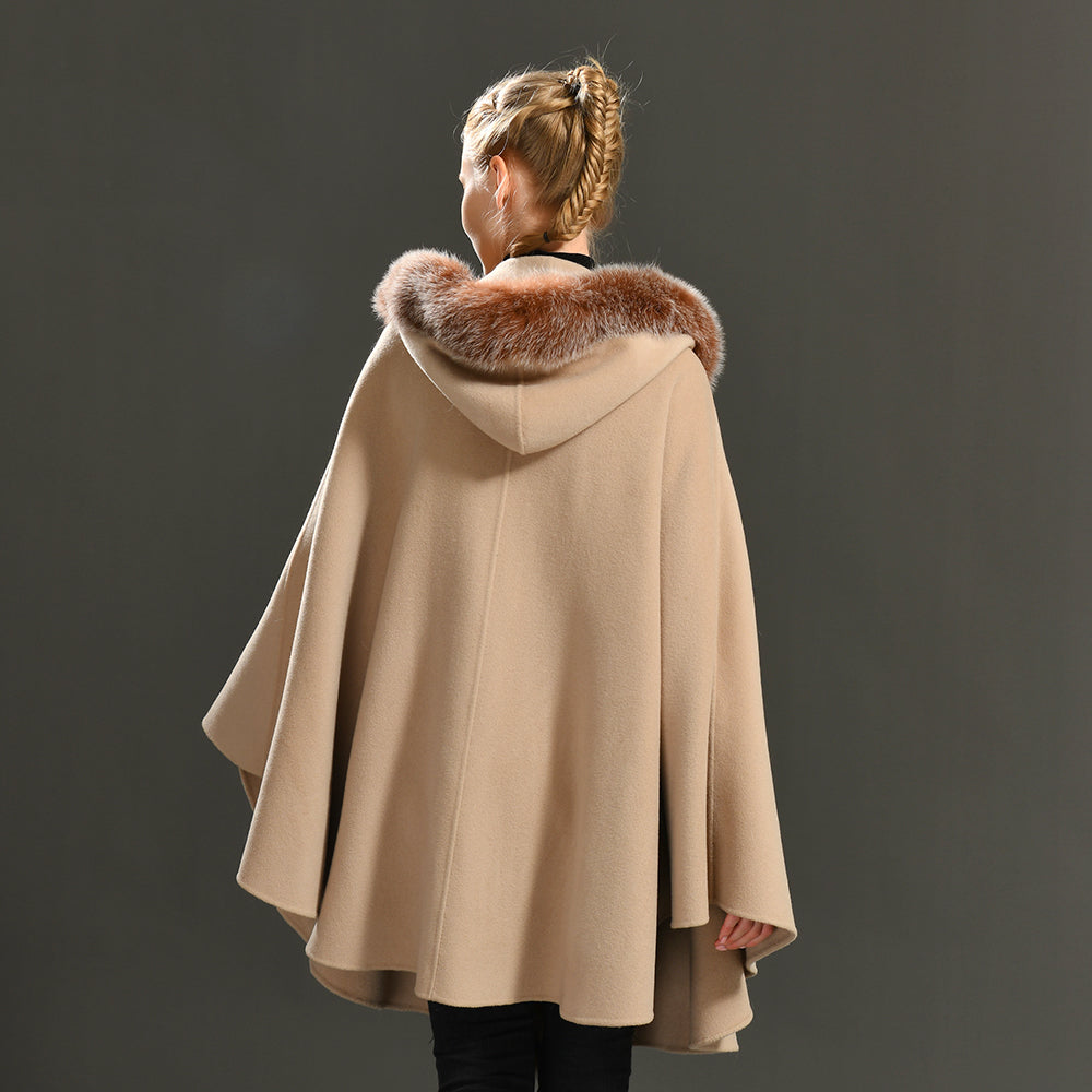Jaxmonoy Luxurious Women Cashmere Cloak With Real Fox Fur Collar