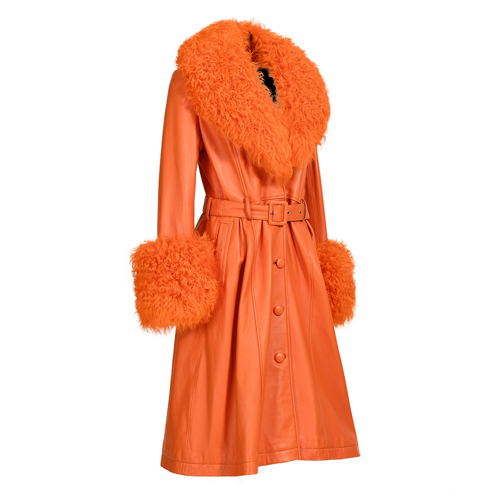 Custom Color Belt Design Genuine Leather Trench Coat With Sheep Fur