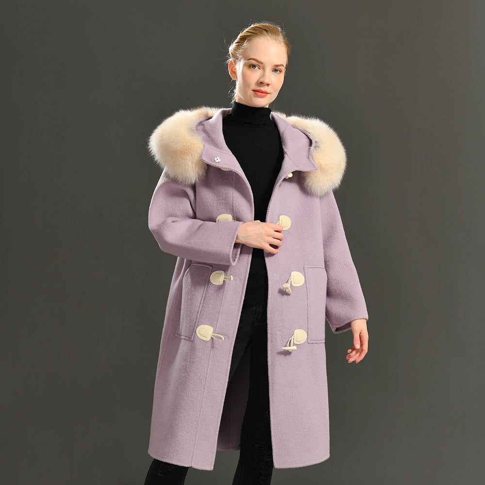 Jaxmonoy Women Cashmere Long Winter Coat Big Real Fur Jacket Horn Button Overcoat