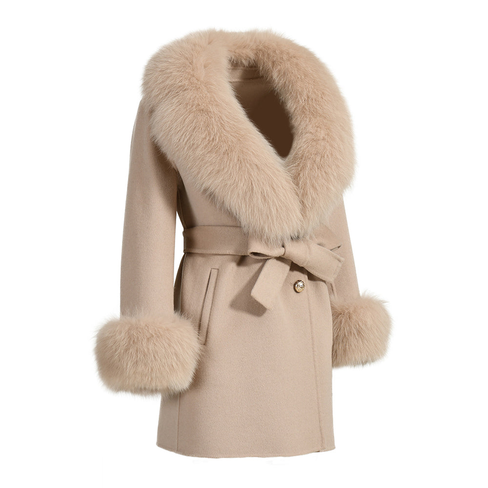 Regular Length Wool Coat With Luxury Fox Fur Collar And Cuffs Women Double-sided Cashmere Coats With Fur New