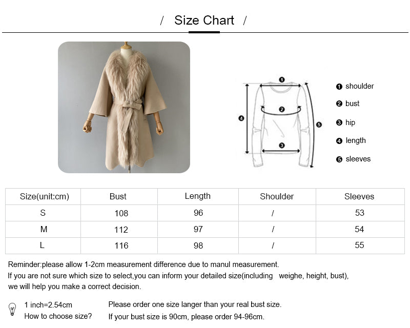 Jaxmonoy Women Cashmere Wool Coat Real Raccoon Collar Luxury Belt
