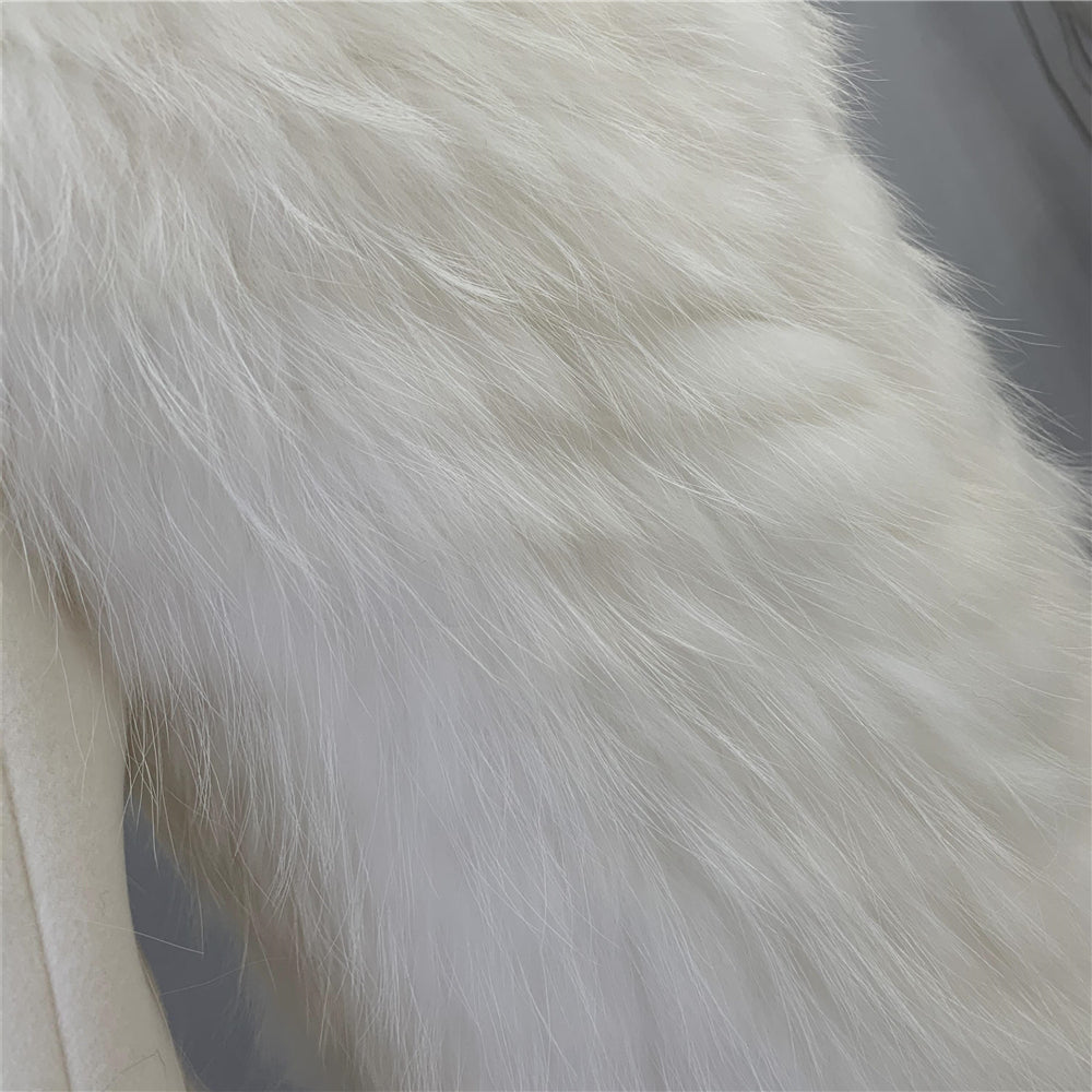 Jaxmonoy Women Cashmere Coat With Real Fur Cuffs Short Style