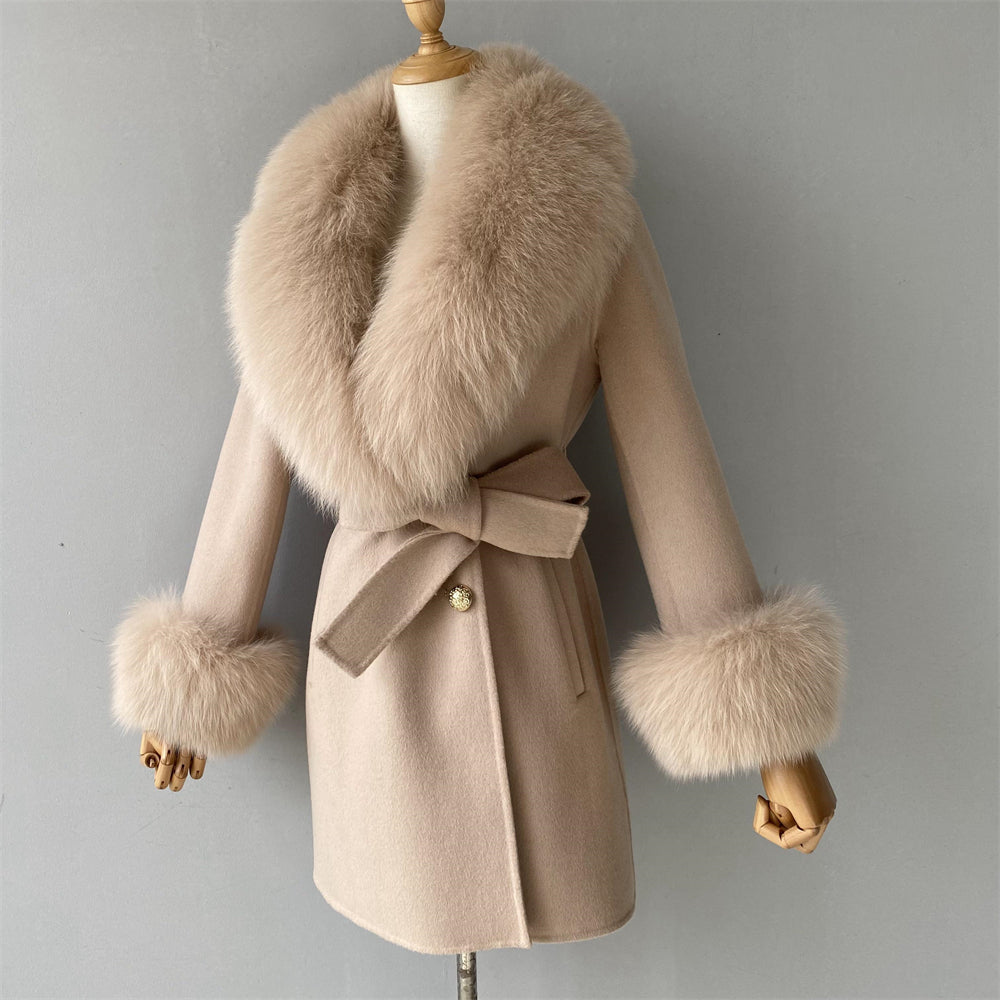 Regular Length Wool Coat With Luxury Fox Fur Collar And Cuffs Women Double-sided Cashmere Coats With Fur New