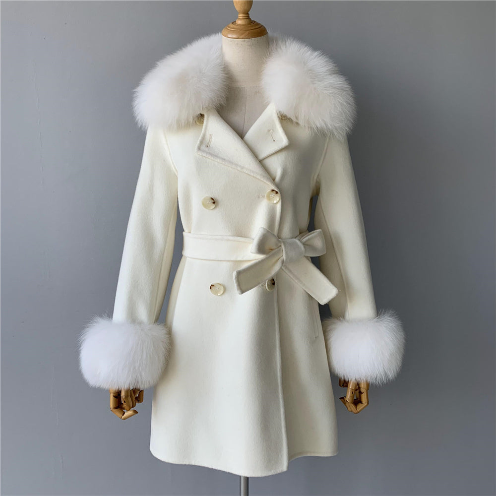 Jaxmonoy Real Fur Cashmere With Comfortable Fur Collar And Cuffs