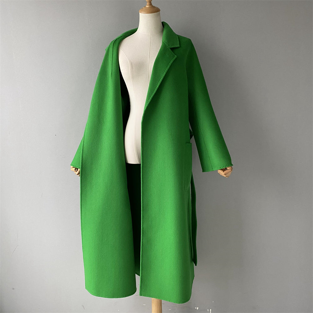 Solid Color Cashmere Coat With Big Side Pocket And Removable Belt