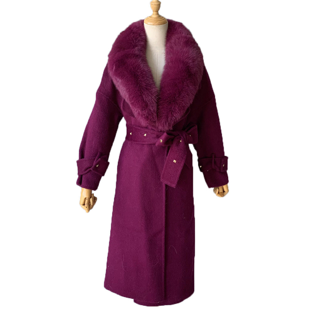 Jaxmonoy Cashmere Coat With Real Fur Collar And Rivet On The Belt