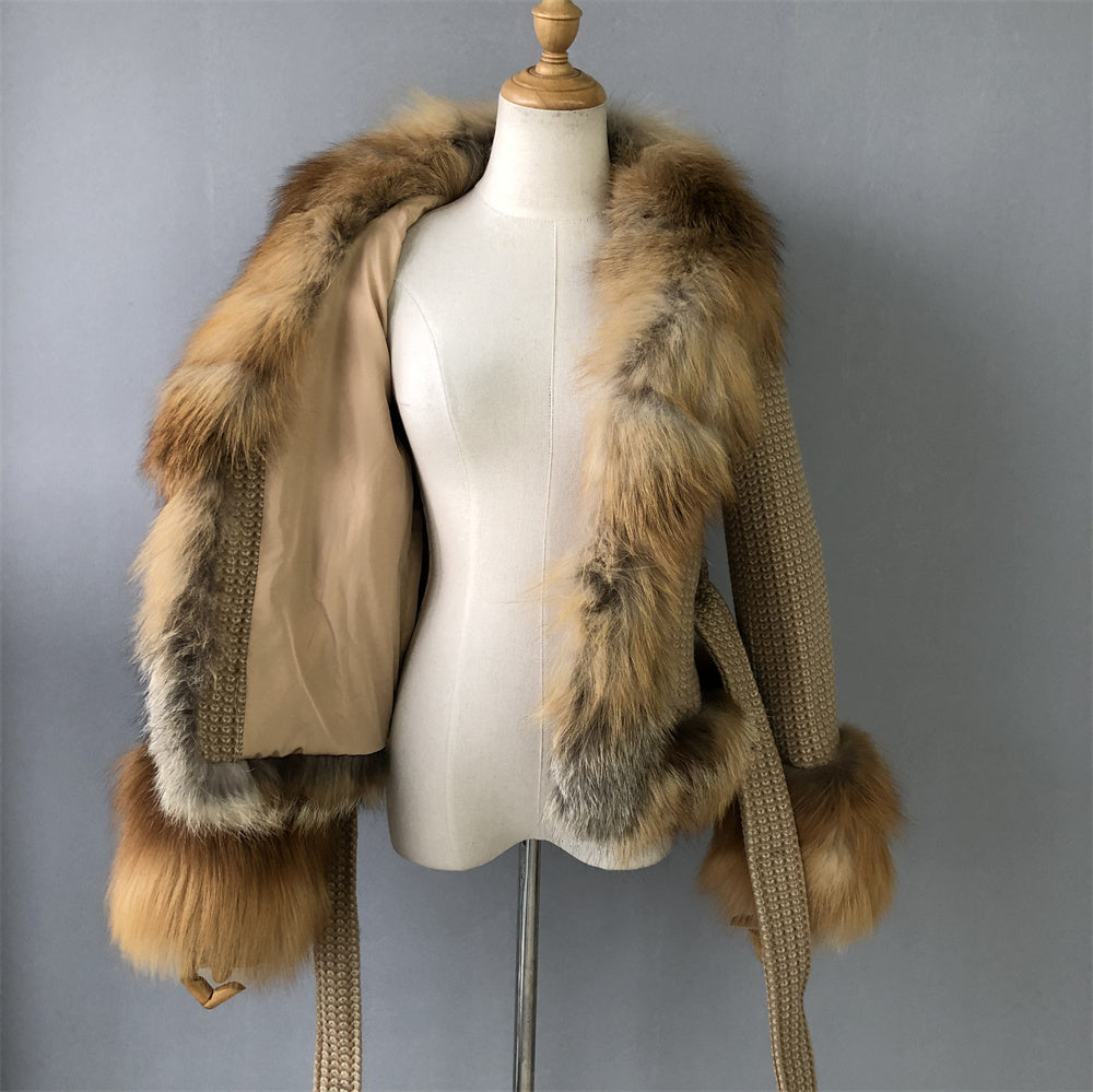 Jaxmonoy Winter Warm Short Style Cashmere Coat With Real Big Fox Fur Collar