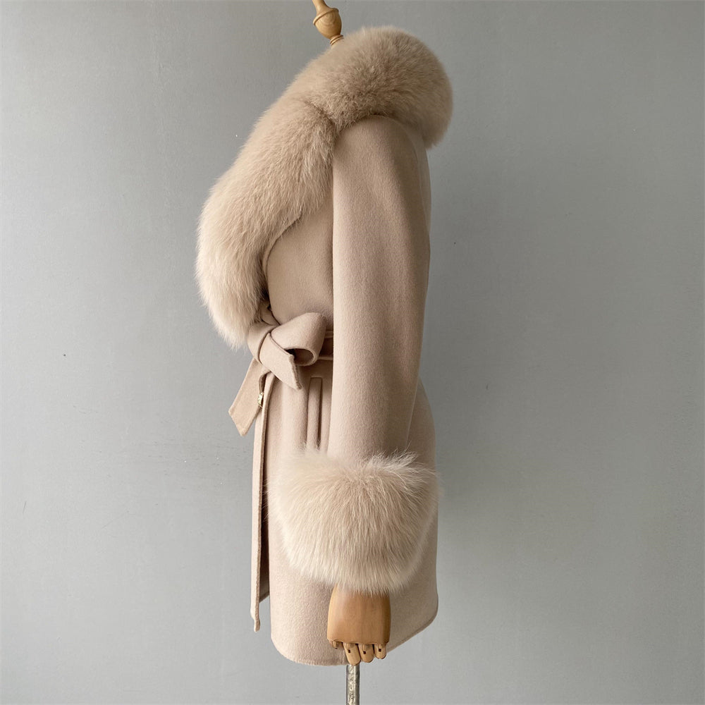 Regular Length Wool Coat With Luxury Fox Fur Collar And Cuffs Women Double-sided Cashmere Coats With Fur New