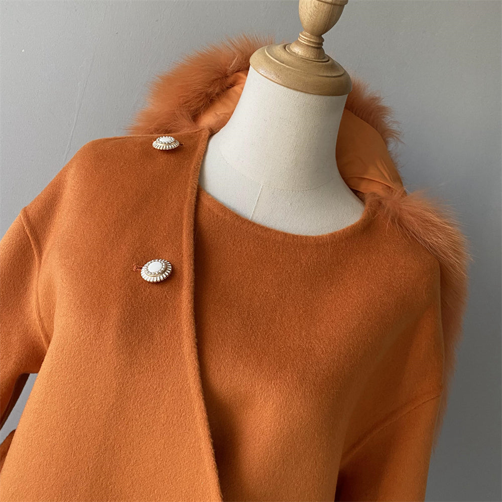 Wholesale Cashmere Coat With Real Detachable Fox Fur Scarf And Cuffs Winter High Quality Wool Blend Coats For Women