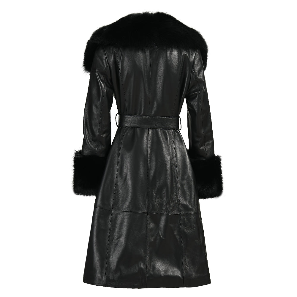 Winter Thick Warm Leather Trench Coat With Real Fox Fur Collar And Cuffs Fashion Long Genuine Leather Coat For Women
