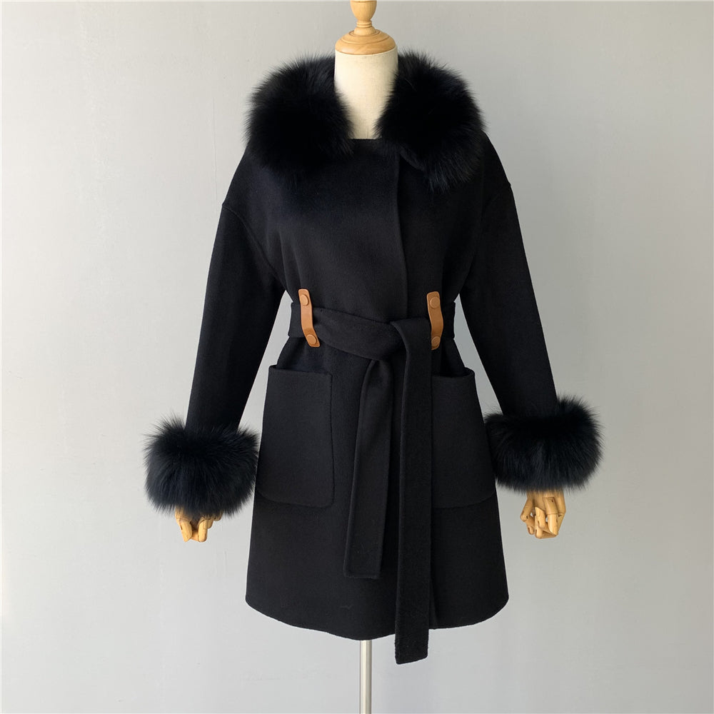 Jaxmonoy High-end Cashmere Coat With Big Real Fur Collar And Cuffs