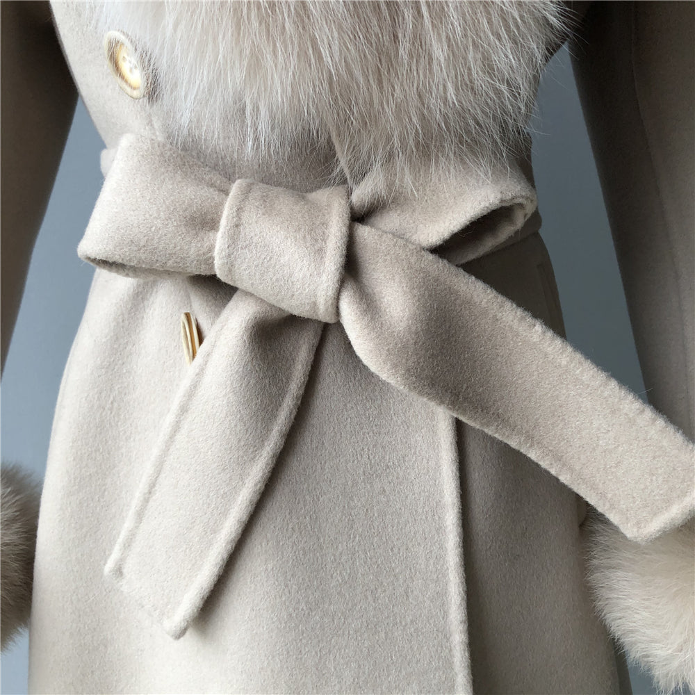 Jaxmonoy Elegant Women Regular Style Cashmere Coat With Real Fox Fur Collar And Cuffs