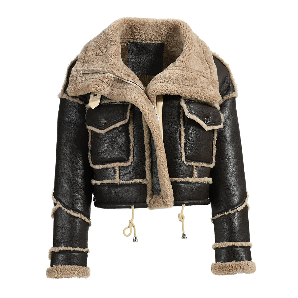 Genuine Shearling Jacket With Real Lamb Fur Lining Winter Womens