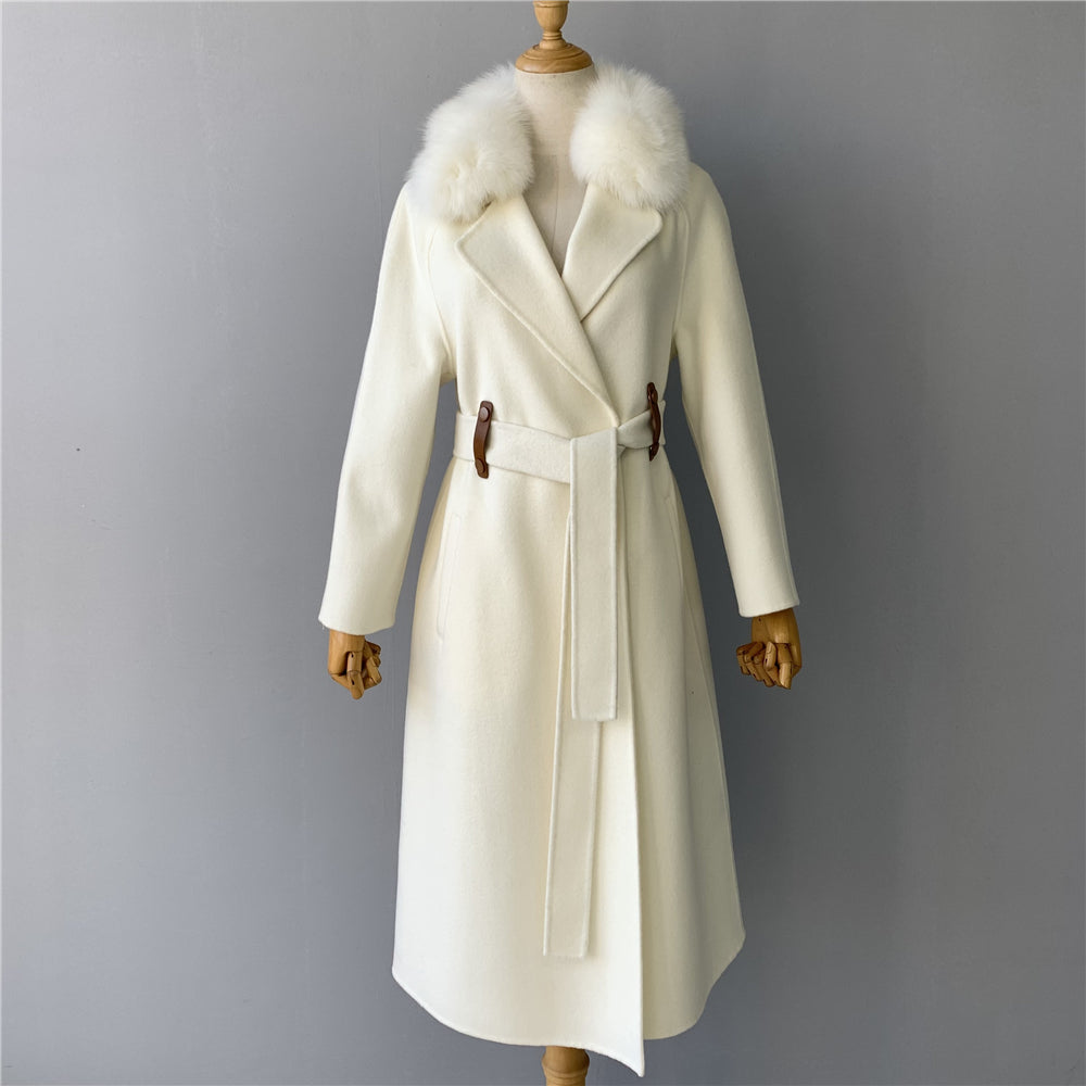 Jaxmonoy Long Style Cashmere Coat With Turn-down Real Fur Collar