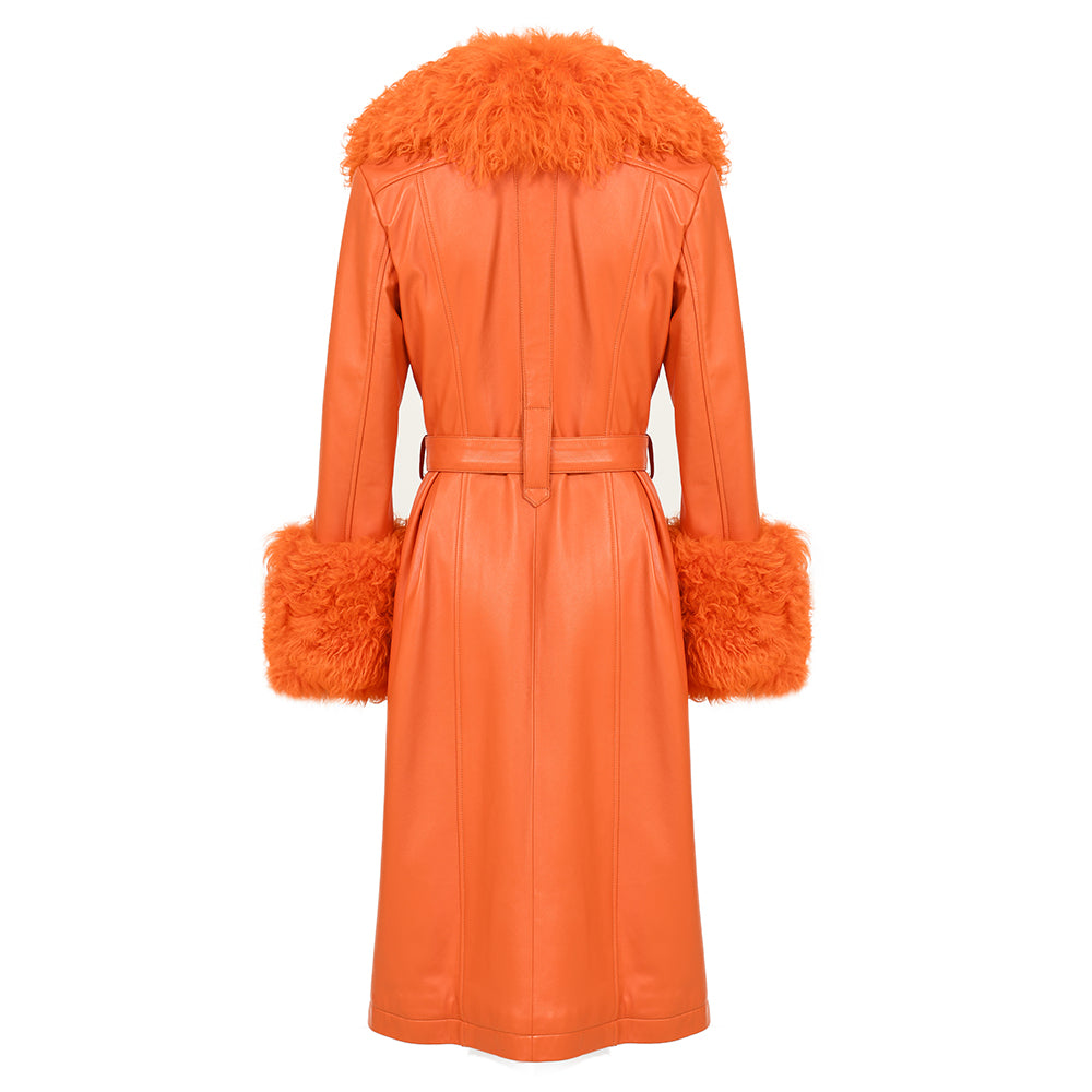 Custom Color Belt Design Genuine Leather Trench Coat With Sheep Fur