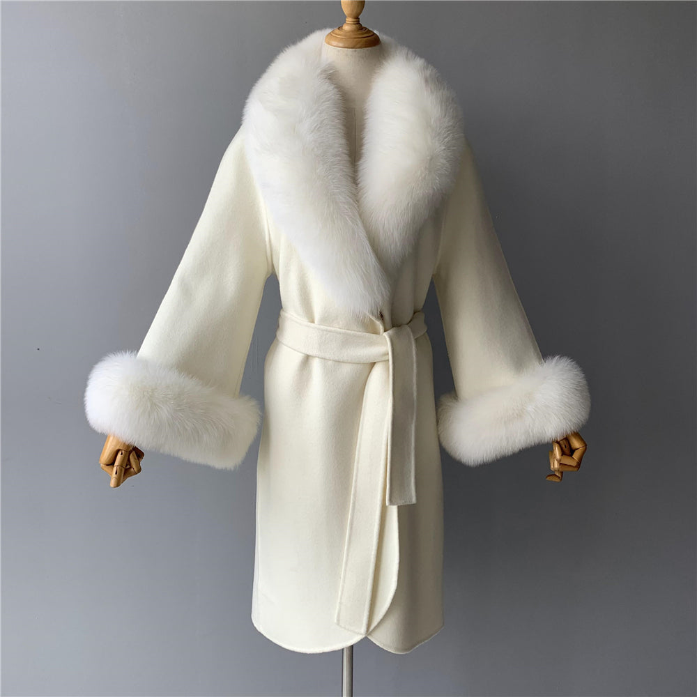 Jaxmonoy Fashionable Women Cashmere Coat With Big Real Fur Collar And Cuffs