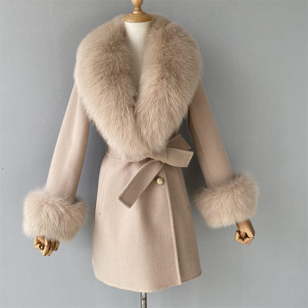 Regular Length Wool Coat With Luxury Fox Fur Collar And Cuffs Women Double-sided Cashmere Coats With Fur New