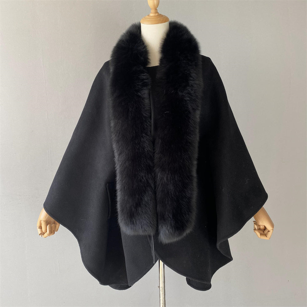 Jaxmonoy Women Cashmere Coat With Big Real Fur Collar And Sashes