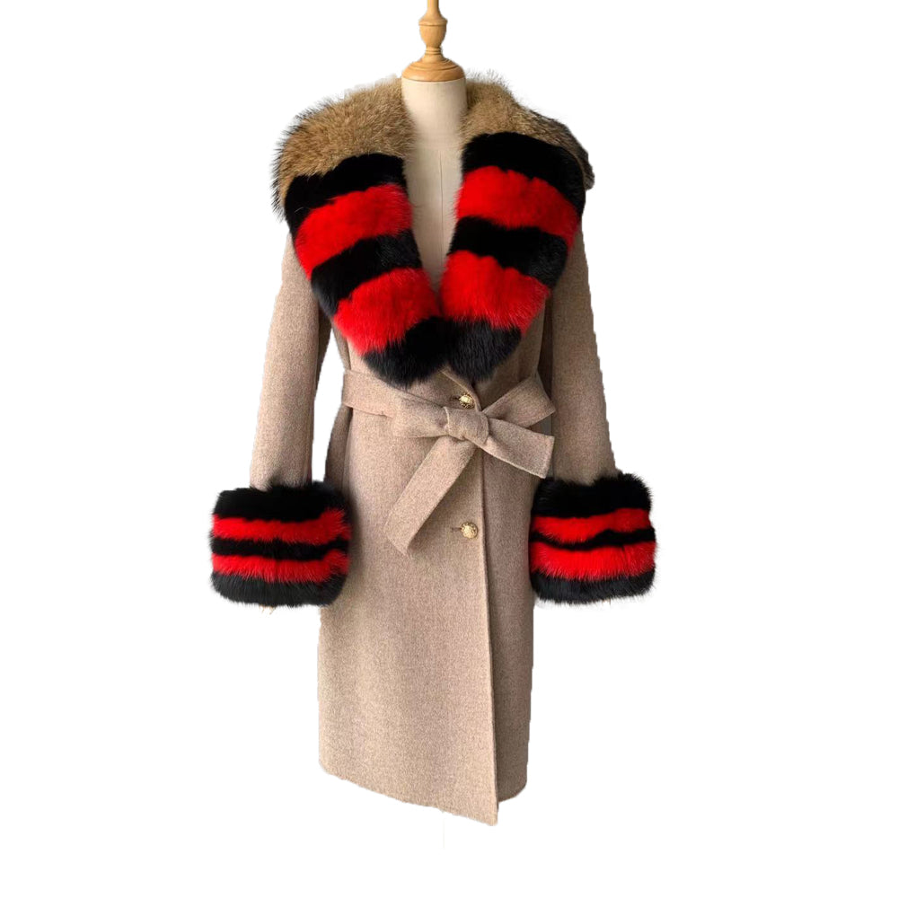 Jaxmonoy Cashmere Overcoat With Real Fur Collar And Cuffs