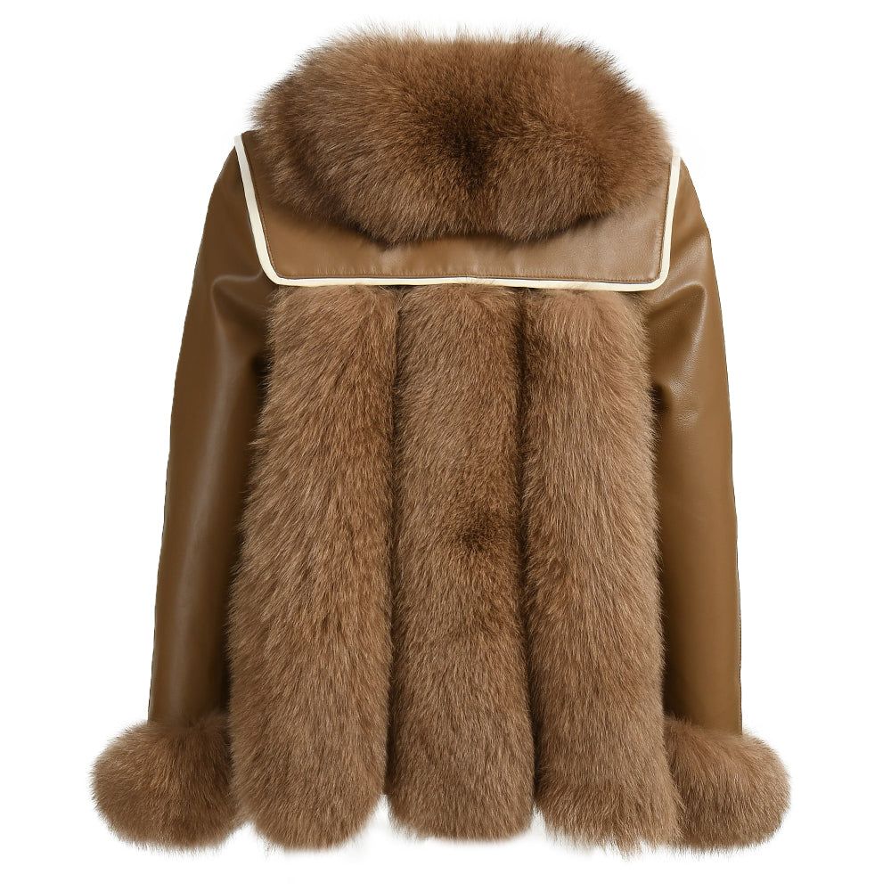 Genuine Leather Jacket With Real Fox Fur V-neck Collar Spring