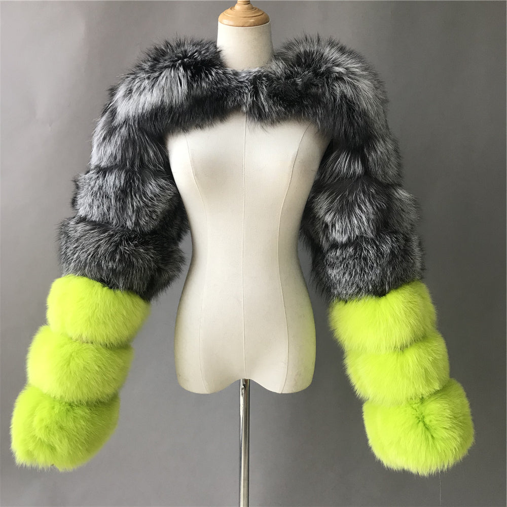 Jaxmonoy Real Fox Fur Coat Double Fur Sleeves Design
