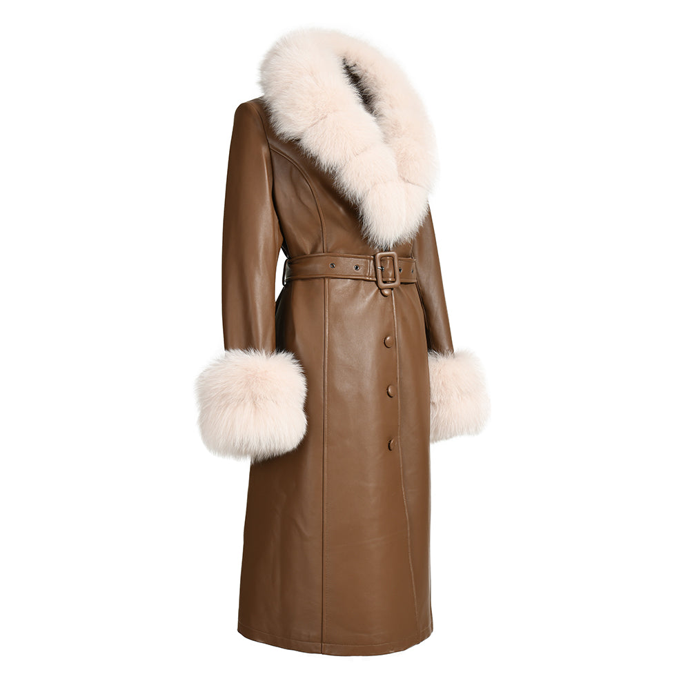 Long Leather Coats With Fur Collar And Cuffs Sheepskin Leather Jackets Unisex