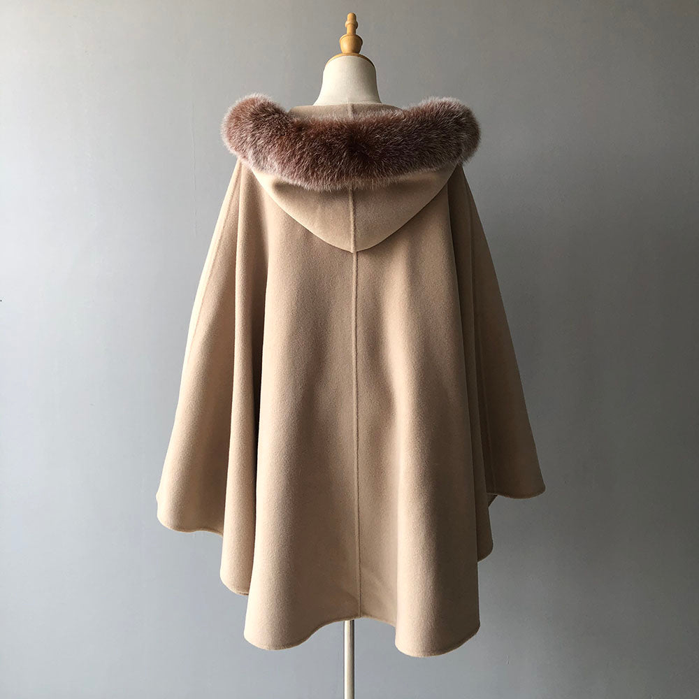 Jaxmonoy Luxurious Women Cashmere Cloak With Real Fox Fur Collar