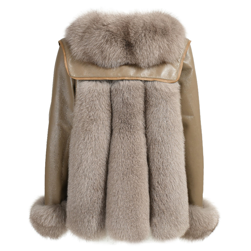 Genuine Leather Jacket With Real Fox Fur V-neck Collar Spring